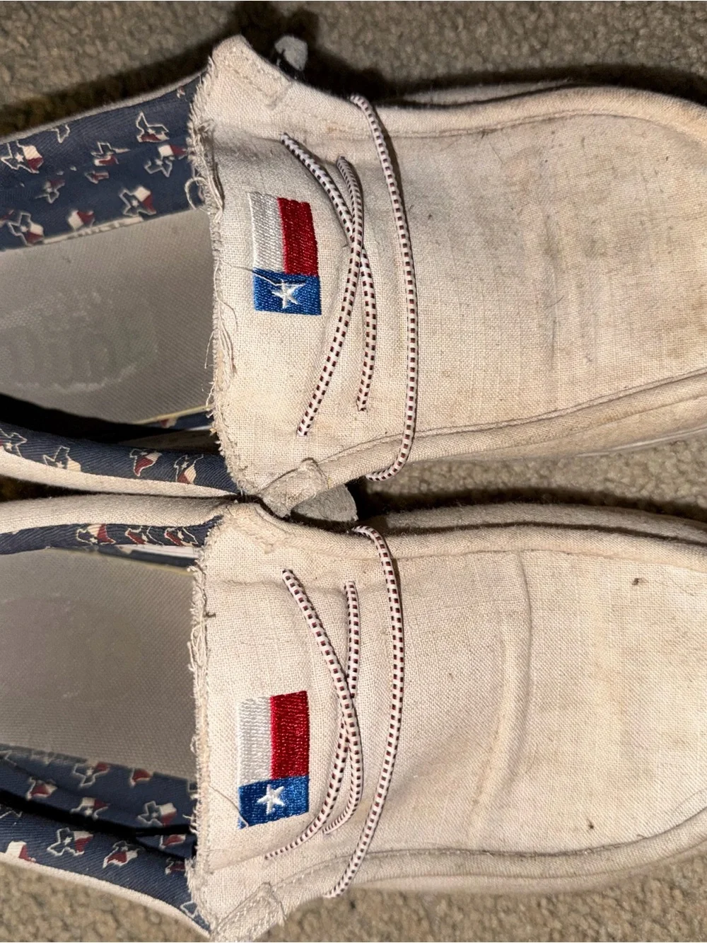 Hey Dude Beige Canvas Slip-On Loafers with Texas Flag Accent